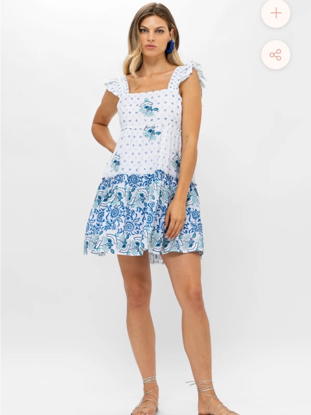 Oliphant White and Blue Floral Tiered Mini Dress